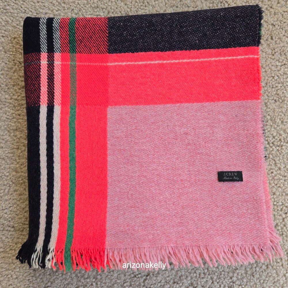 J. Crew Wool Large Square Scarf Pink Vibrant Colors - Picture 12 of 15
